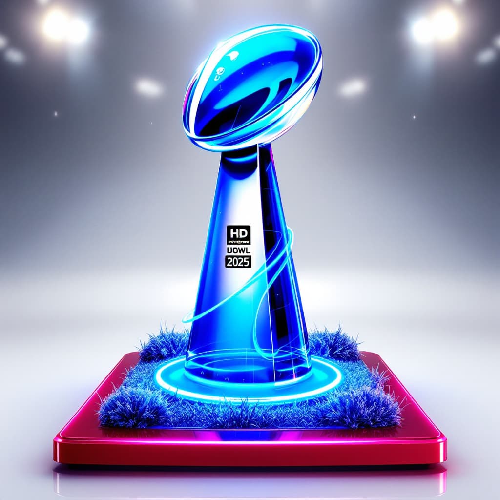 AI generated: TROFEO DE SUPERBOWL BIOLUMINICSENTE AZUL  UHD 3D  2025 MINIMALISTA SIN LOGOS 