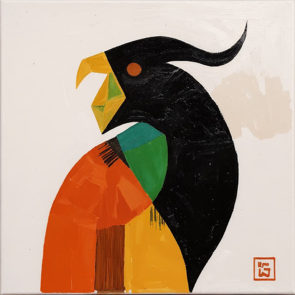 AI generated: Create an artwork similar to this one, same theme, style, etc. -- abstract style, with bird and japa...