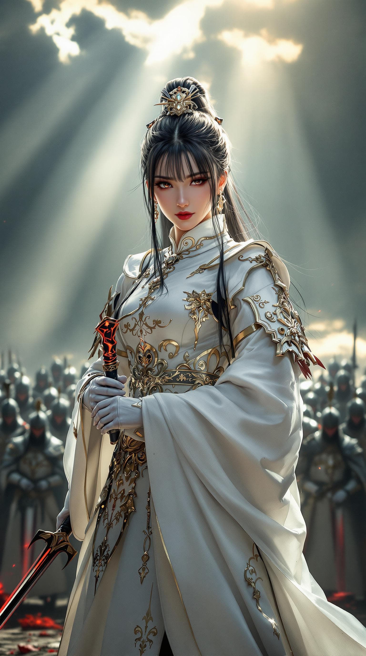 AI generated: Female oriental knight in full armor, hkstyle, white with gold embellishments, bangs, earrings, hold...