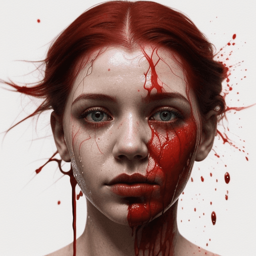 AI generated: A half body portrait of a woman made of blood, half body is submerged in blood, red hair depicting a...