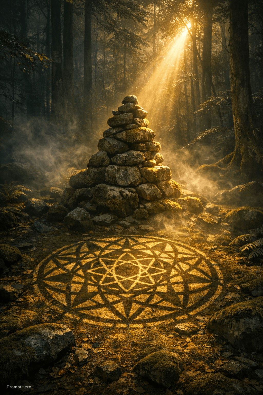 AI generated: Ancient pile of stones in deep forest at dawn, single shaft of warm light breaking through canopy, c...