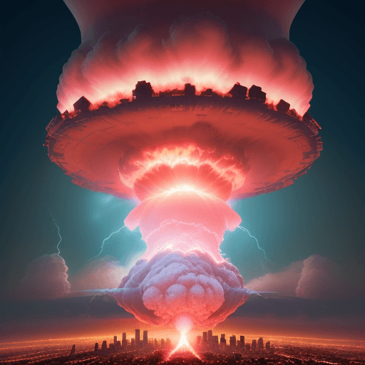 AI generated: nuclear explosion over a city in the shape of a red heart, in the style of zbrush, light pink and sk...