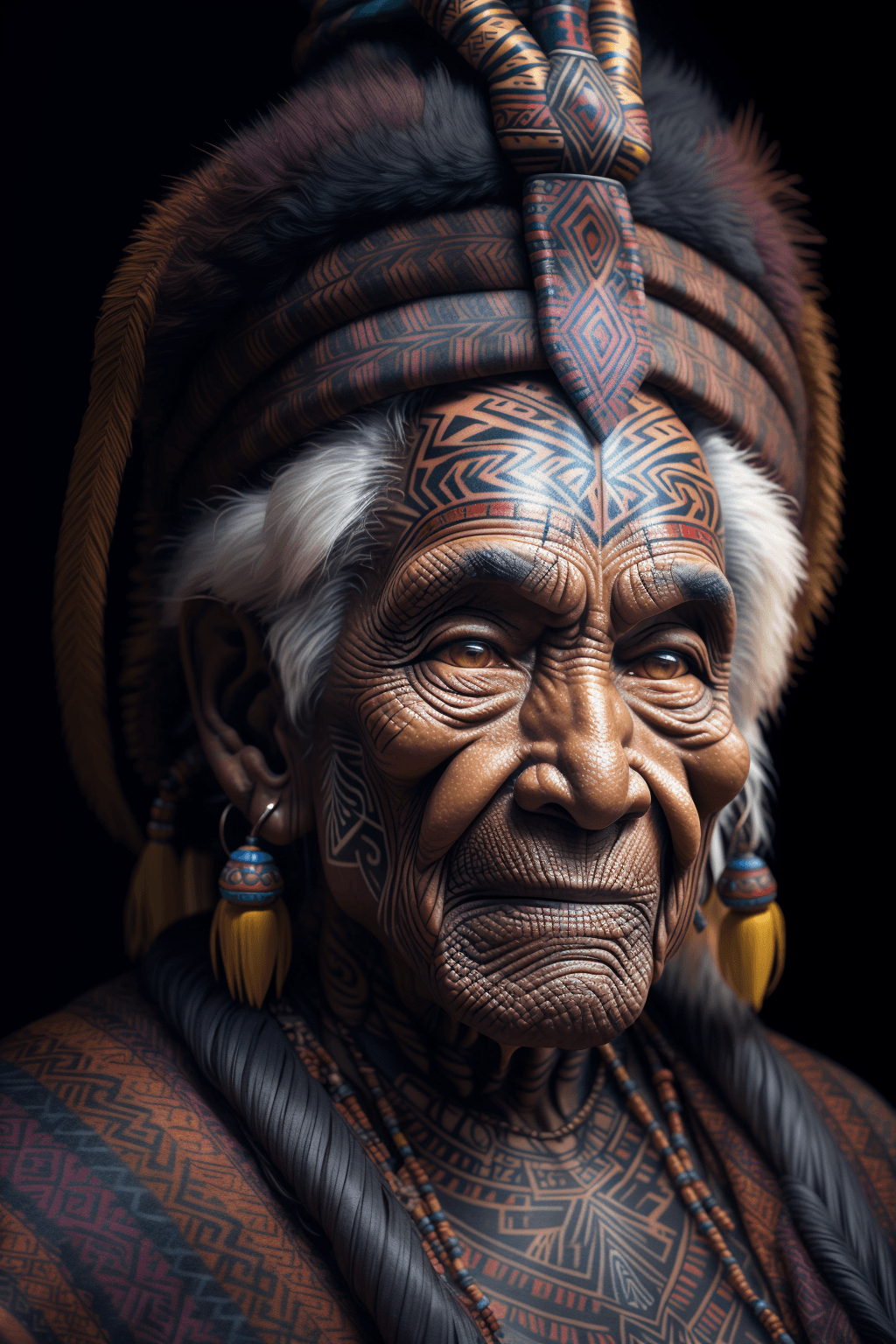 AI generated: A tribal elder with a face tattoo, yang08k, photography, beautiful, black background, colorful,reali...