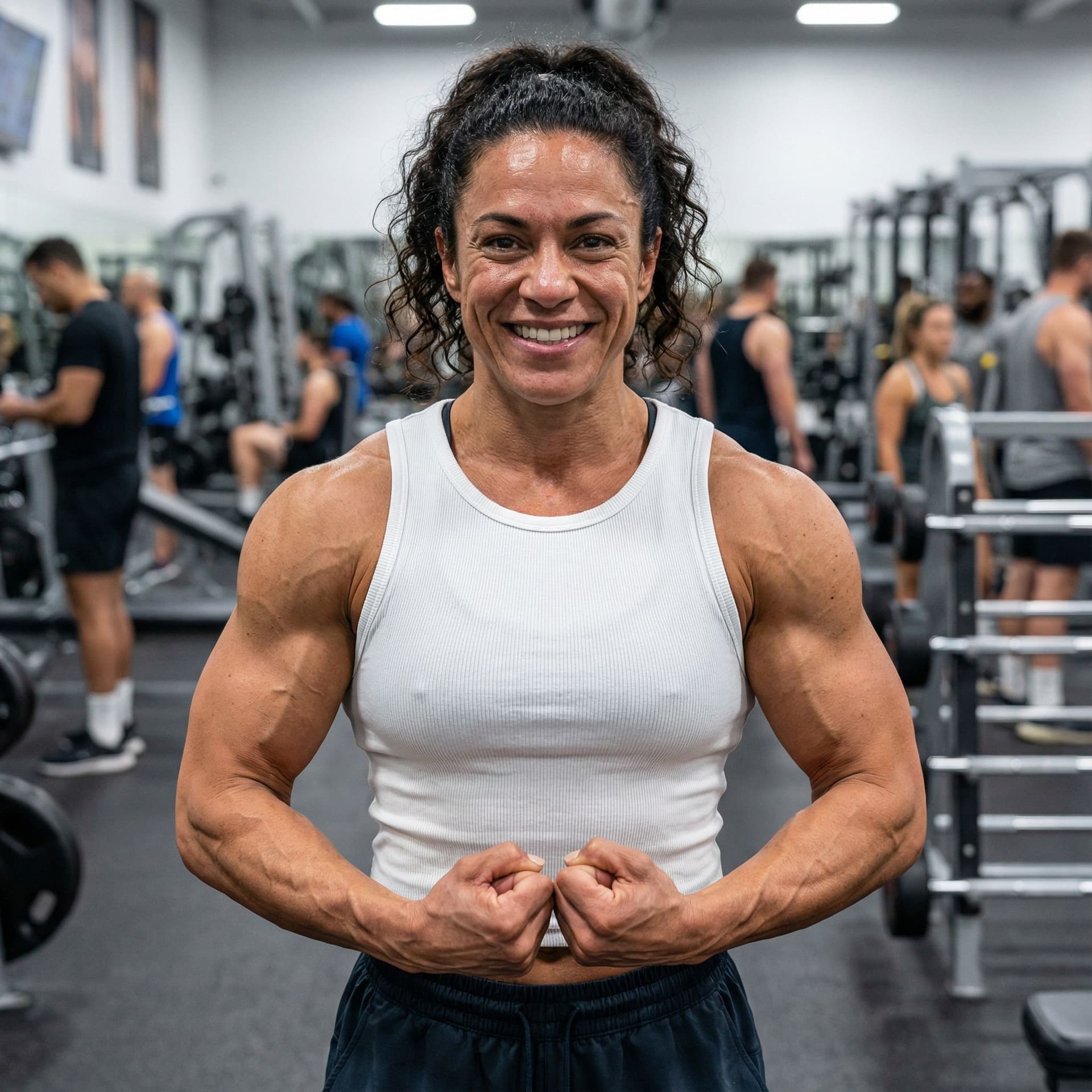 AI generated: Hyperrealistic art sharp focus, detailed edges, A perfect photo of a muscular woman posing for a pic...