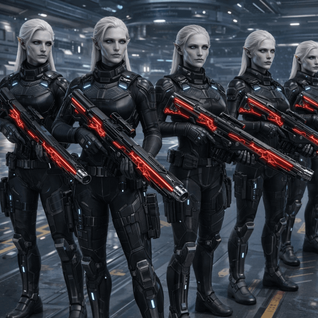 AI generated: Create an image where all the characters are holding the reference weapons in a formation dressed in...