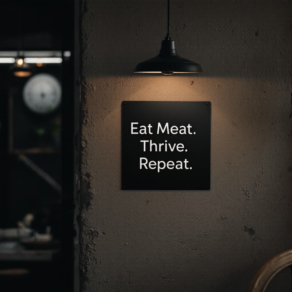 AI generated: darker image of smaller poster on the wall that says on it.
Eat Meat.
Thrive.
Repeat.
Photography

