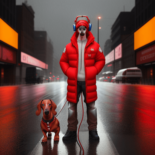 AI generated: dachshund dog, red, one eye blue, the other brown, wearing large Marshall headphones, a red down jac...