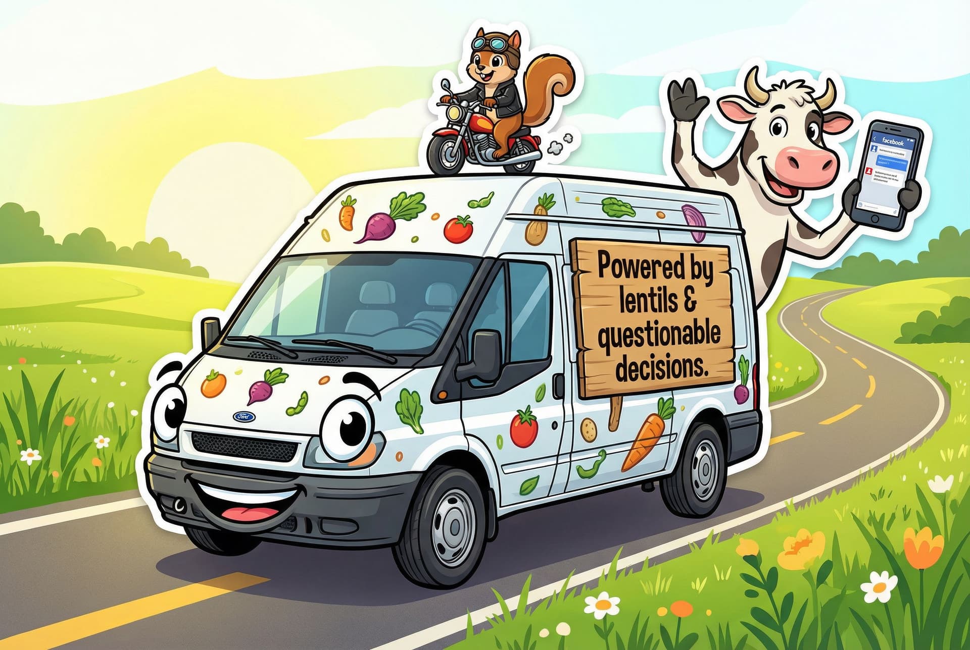 AI generated: A humorous, cartoon-style sticker design for a reflective vest. The scene shows a cheerful, slightly...