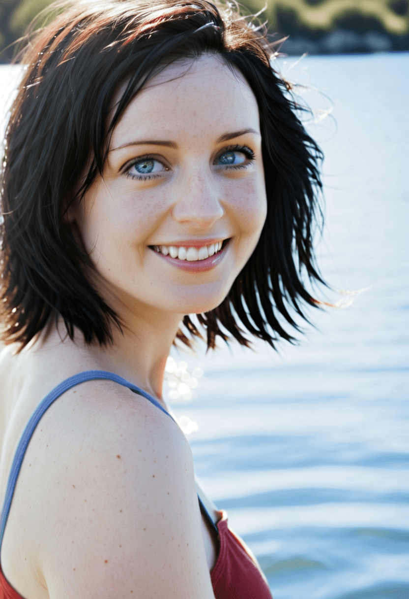 AI generated: This is a photograph of a woman from the side while walking along a lake on a warm summer day. She h...