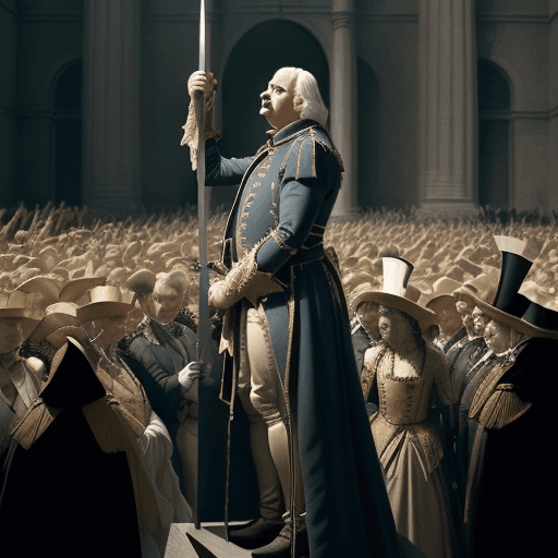 AI generated: Guillotine Execution: Louis XVI, now in humble attire, stands before the guillotine, with a crowd in...
