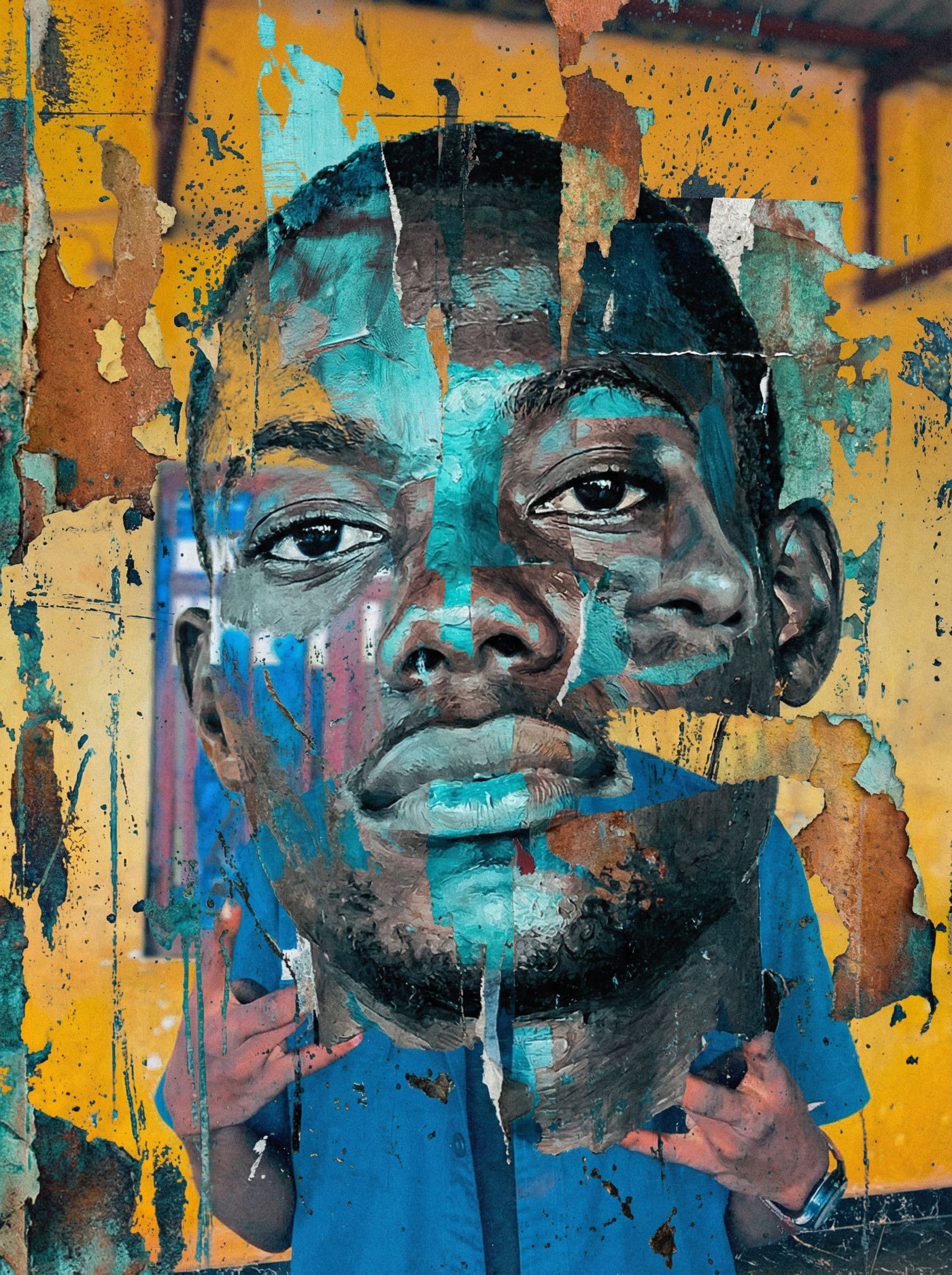 AI generated: print collage of this mens   face, in the style of josef kote, grunge beauty, dain yoon, cyan and bl...