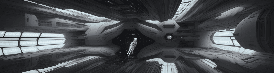 AI generated: Inside spaceship, Tsutomu Nihei style, Sidonia no Kishi, gigantism, laser generator, multi-story spa...