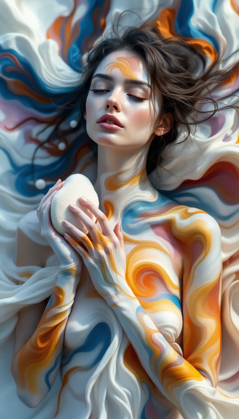 AI generated: Body Painting Art, Living Tapestry, Flowing Patterns, Performative, Woman Holding a Sponge Blending,...