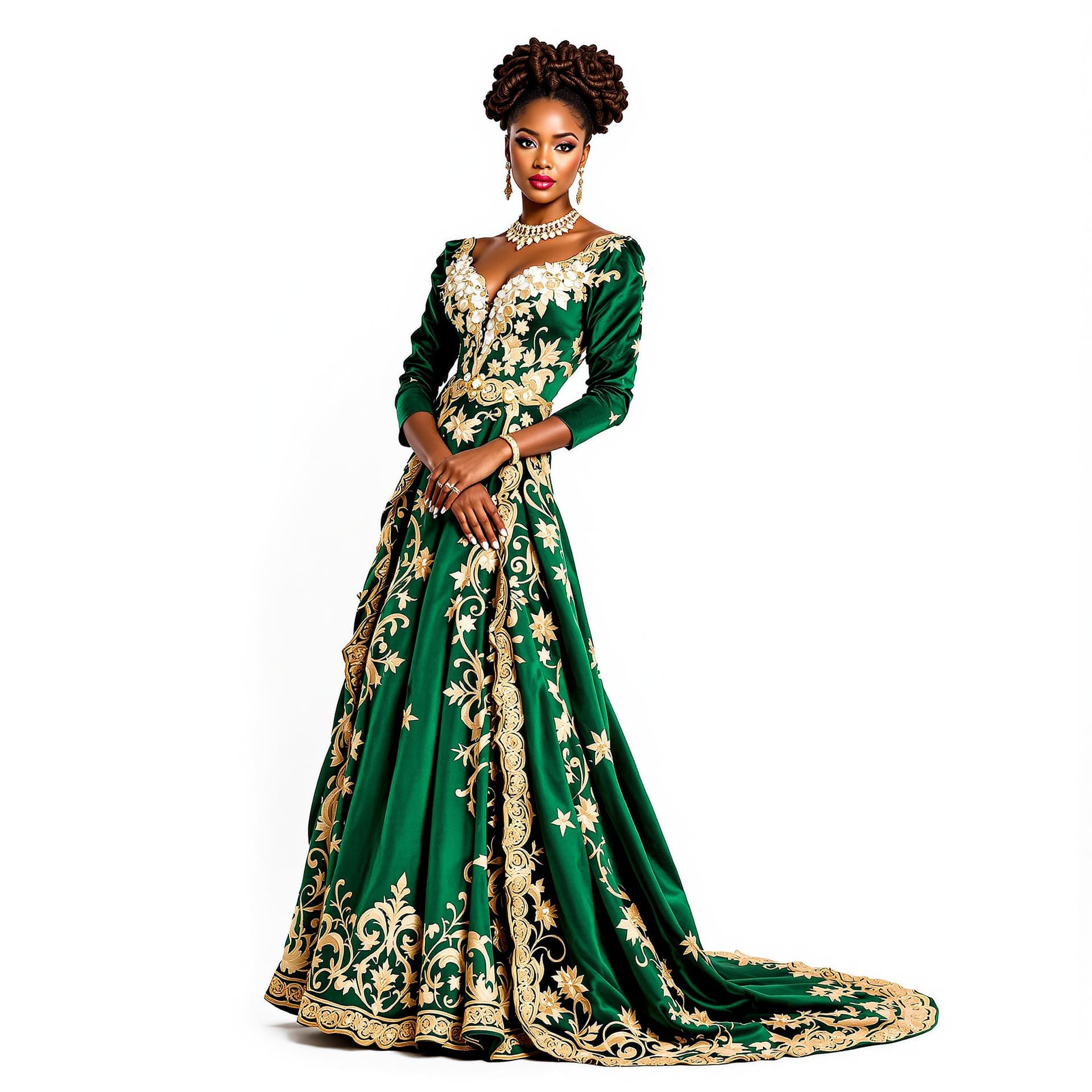 AI generated: A stunning African American woman dressed in Victorian-era fashion stands gracefully in full view ag...