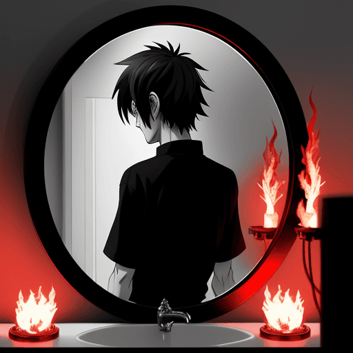 AI generated: anime man facing the mirror, lonely and unloved. show his face. motify black and white with bright r...