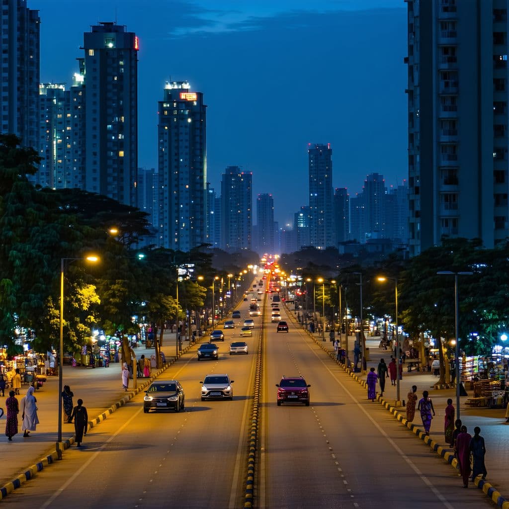 AI generated: A bustling modern African city at night, with sleek cars driving down wide streets. Streetlights ill...