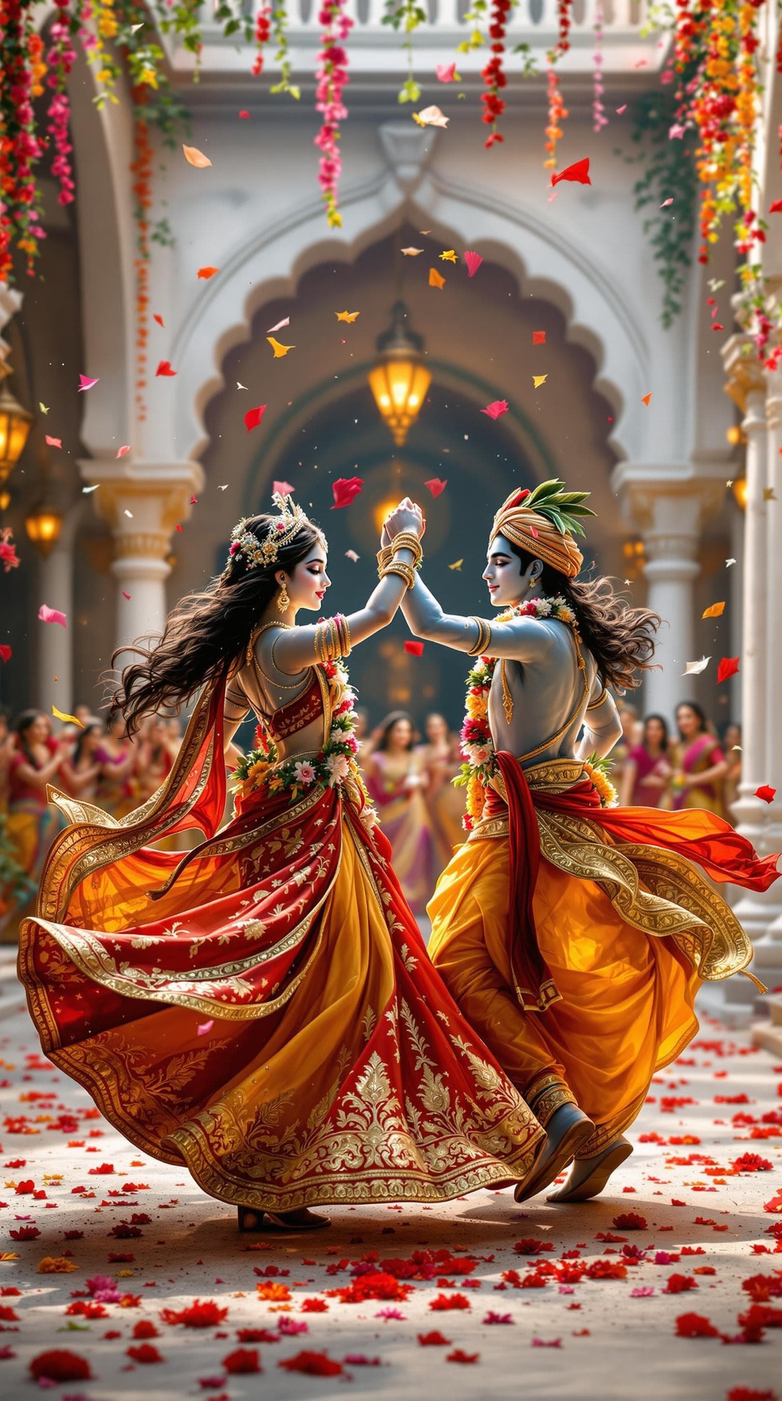 AI generated: "An ultra-HD image of Radha and Krishna dancing together in a beautifully decorated temple courtyard...