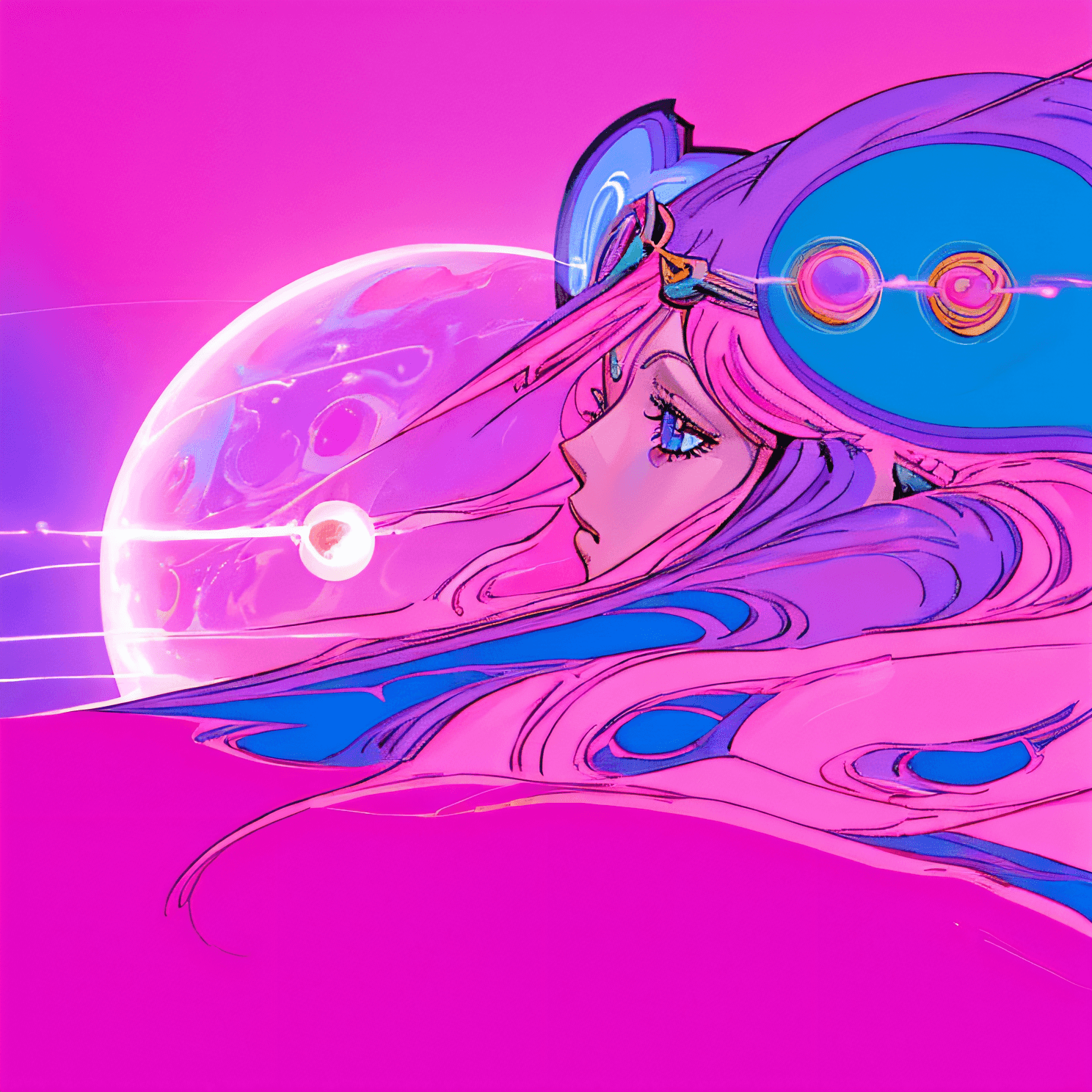 AI generated: a close up of a woman with long pink hair and a purple background, jen bartel, portrait of a cosmic ...