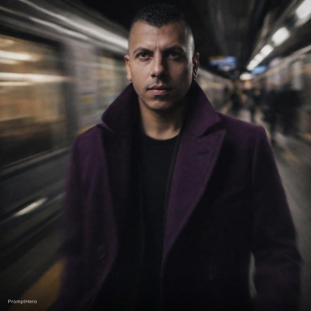 AI generated: fashion editorial photography, motion blur, male model, wearing an wool coat, deep purple color, wal...