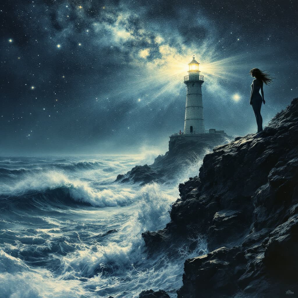 AI generated: Realistic photograph, (Breathtakingly chaotic midnight scene with a majestic lighthouse piercing thr...