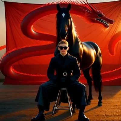 AI generated video: A striking surrealist fashion composite photograph on a sun-drenched, textured concrete rooftop at g...