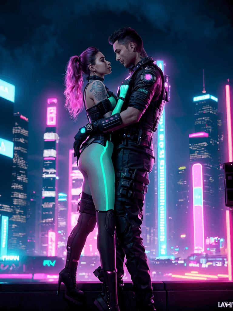 AI generated: A breathtaking cyberpunk city skyline at night, neon lights glowing in deep pink and cyan hues, rain...