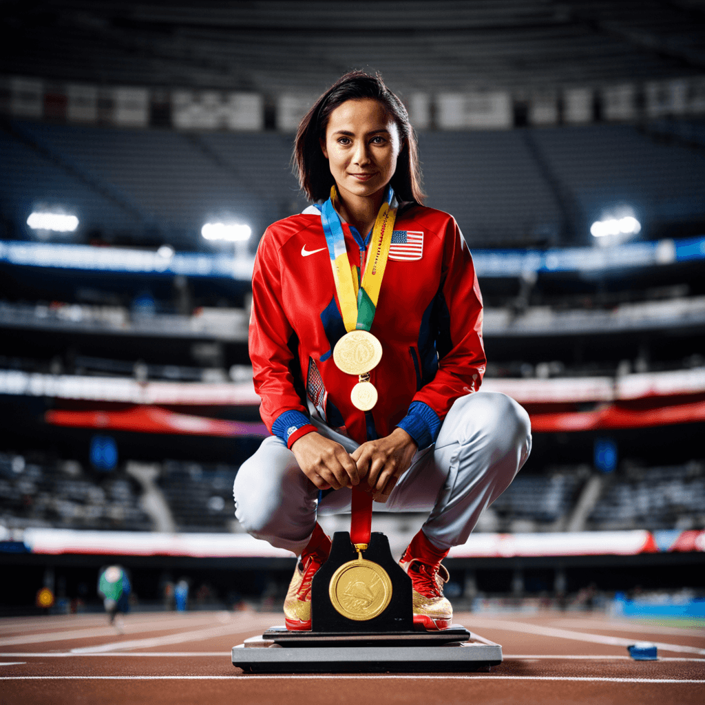 AI generated: A determined 25-year-old Olympic athlete, wearing a Team USA tracksuit and a gold medal, hands behin...