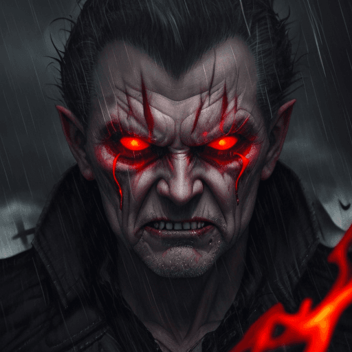 AI generated: Evil::2, old,Boss, in a rainstorm, thunders in background, scary, 4k, insane, red eyes, flame in the...