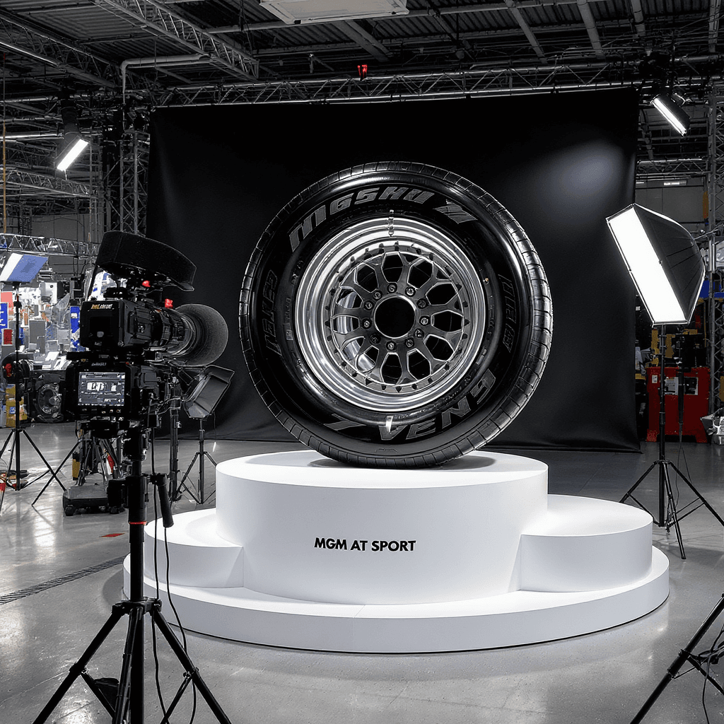 AI generated: photography, productive view, cylindrical podium with MGM AT SPORT tire