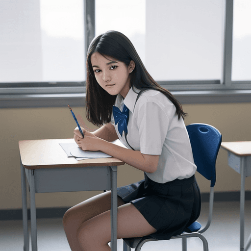 AI generated: A smart male student in a classroom, school,straight face, classroom, sitting in a chair, desk, pape...