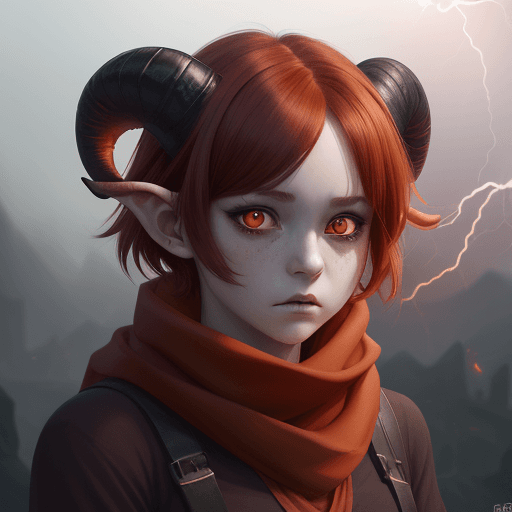 AI generated: Young demon girl, two horns, short horns, curvy horns, dark red hair, short hair, cascade hairstyle,...