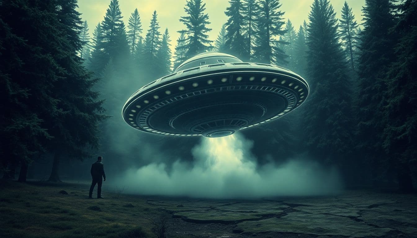 AI generated: a highly detailed UFO crashed in a realistic spruce forest, smoke coming from the UFO, Cracked groun...
