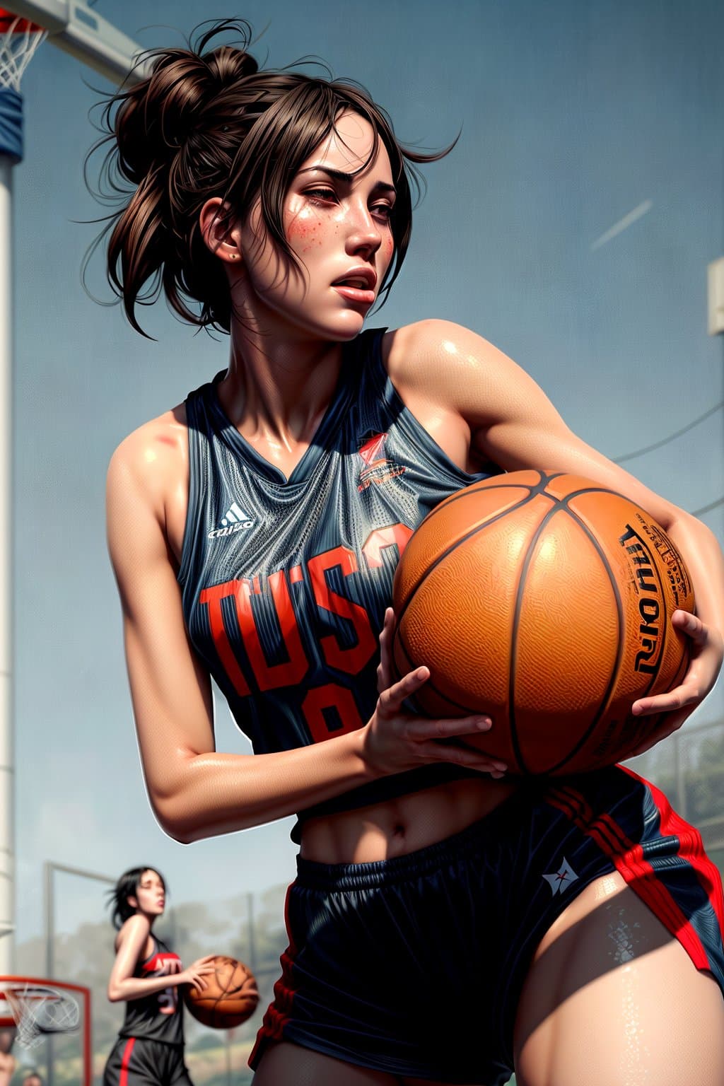 AI generated: a ultradetailed beautiful panting of a woman dribbling a basketball, by conrad roset, greg rutkowski...