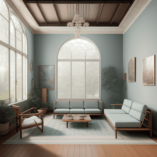 AI generated: High resolution photography interior design, dreamy sunken living room conversation pit, wooden floo...