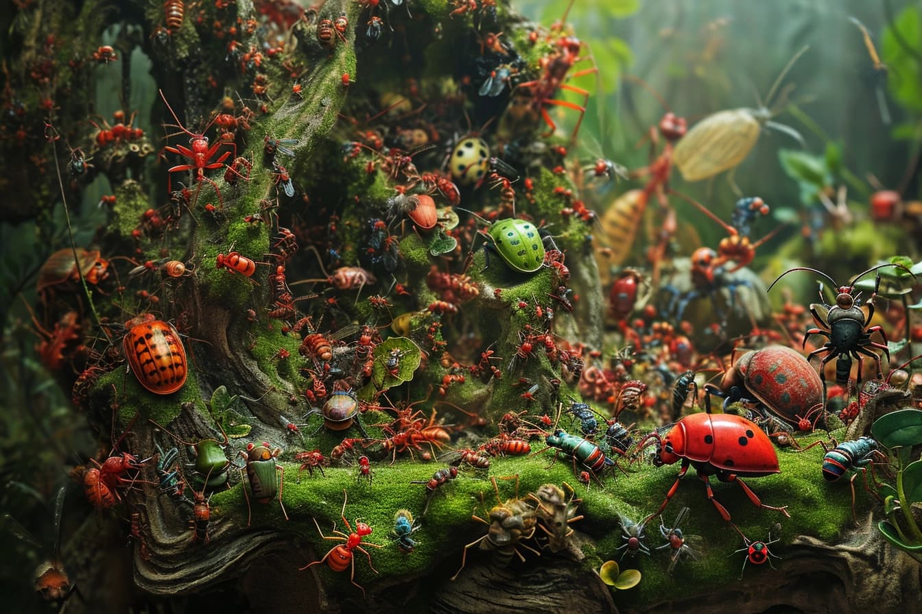 AI generated: complex city of insects living life as normal, ants, beetles, spiders and more, very detailed, reali...