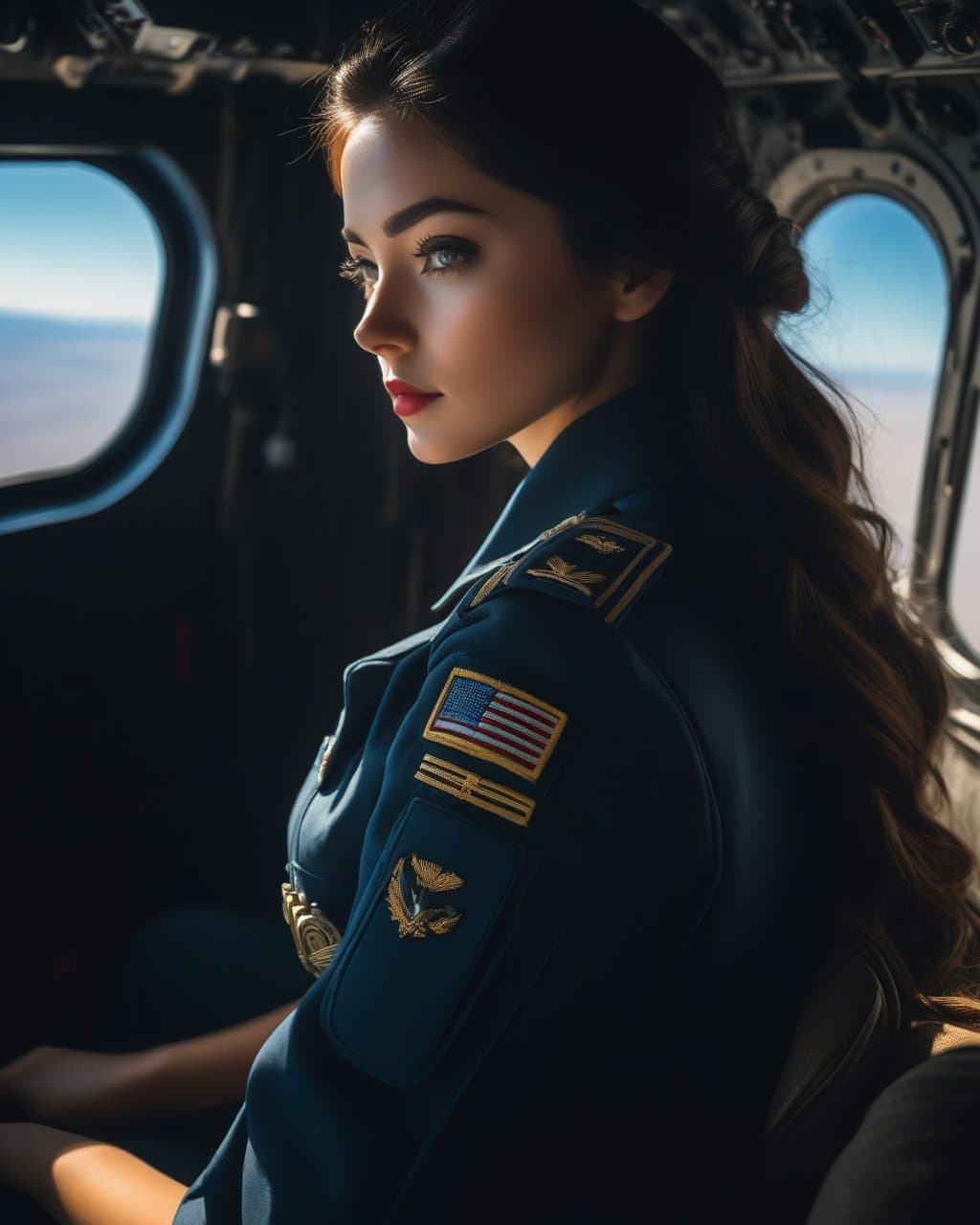 AI generated: pilot jumpsuit, ((military uniform)), pilot, (ultra-detailed, inperfect skin),standing on a plane, i...