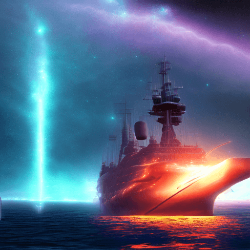 AI generated: (big Battleship sailing into a bioluminescence sea with a galaxy in the sky), epic, 4k, ultra,