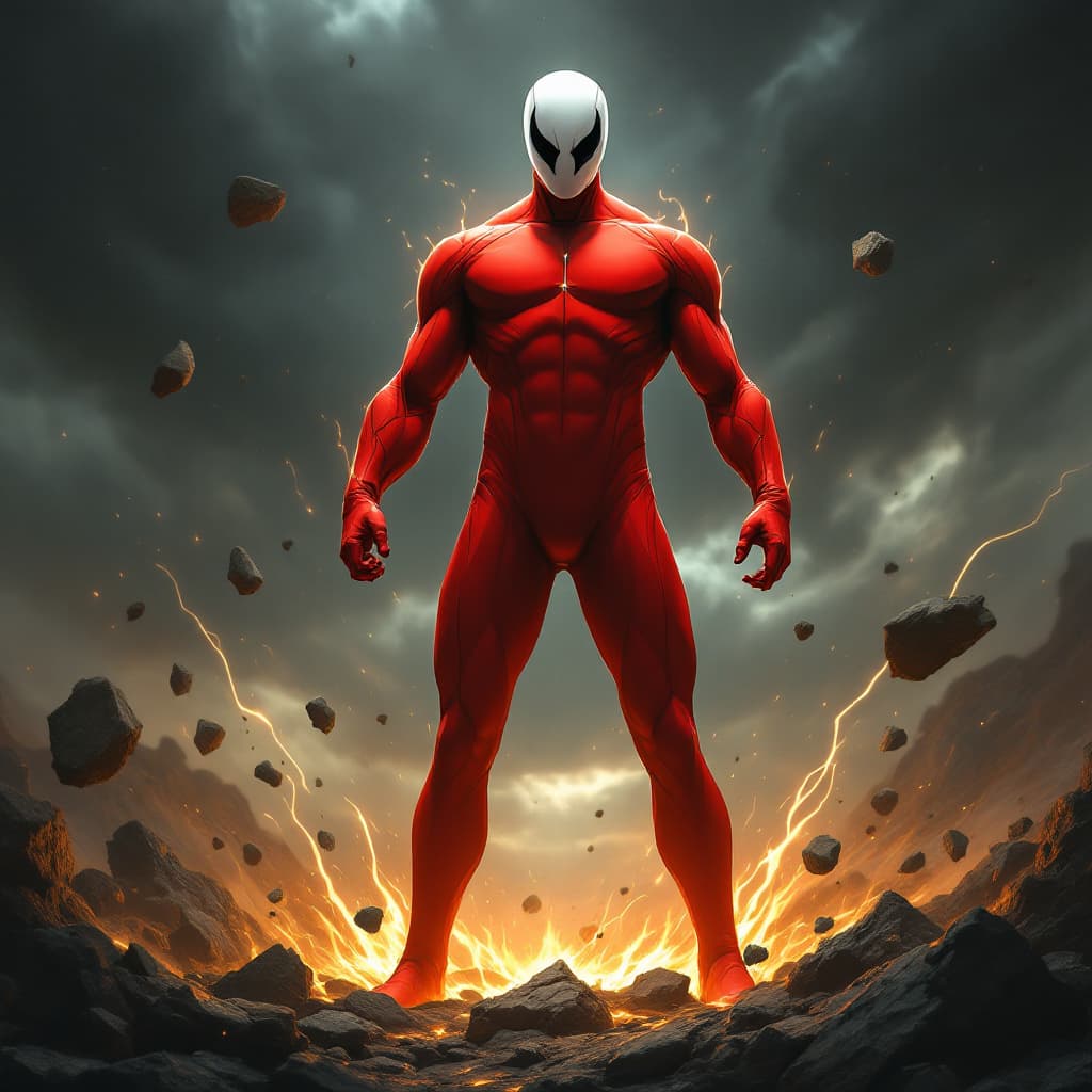 AI generated: A heroic figure wearing a bright red suit, which is form-fitting and sleek, designed for both agilit...