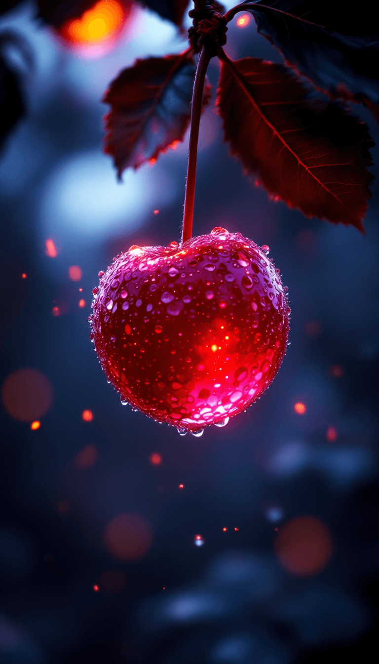 AI generated: ((a delicate big cherry)), made of a deep red ruby, hangs from a tree in an enchanted garden at dusk...