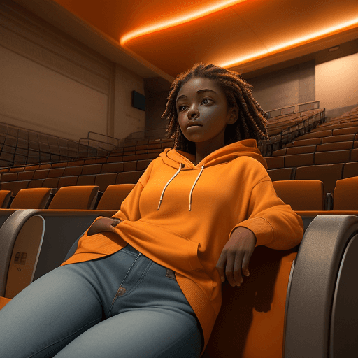 AI generated:  photography, vast emptiness of a movie theater serves as the backdrop for a moment of carefree repo...