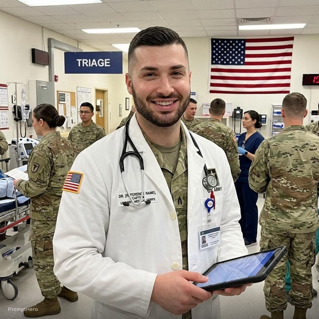 AI generated: Use the reference image to generate an image of the in an USA medical base as a doctor. 