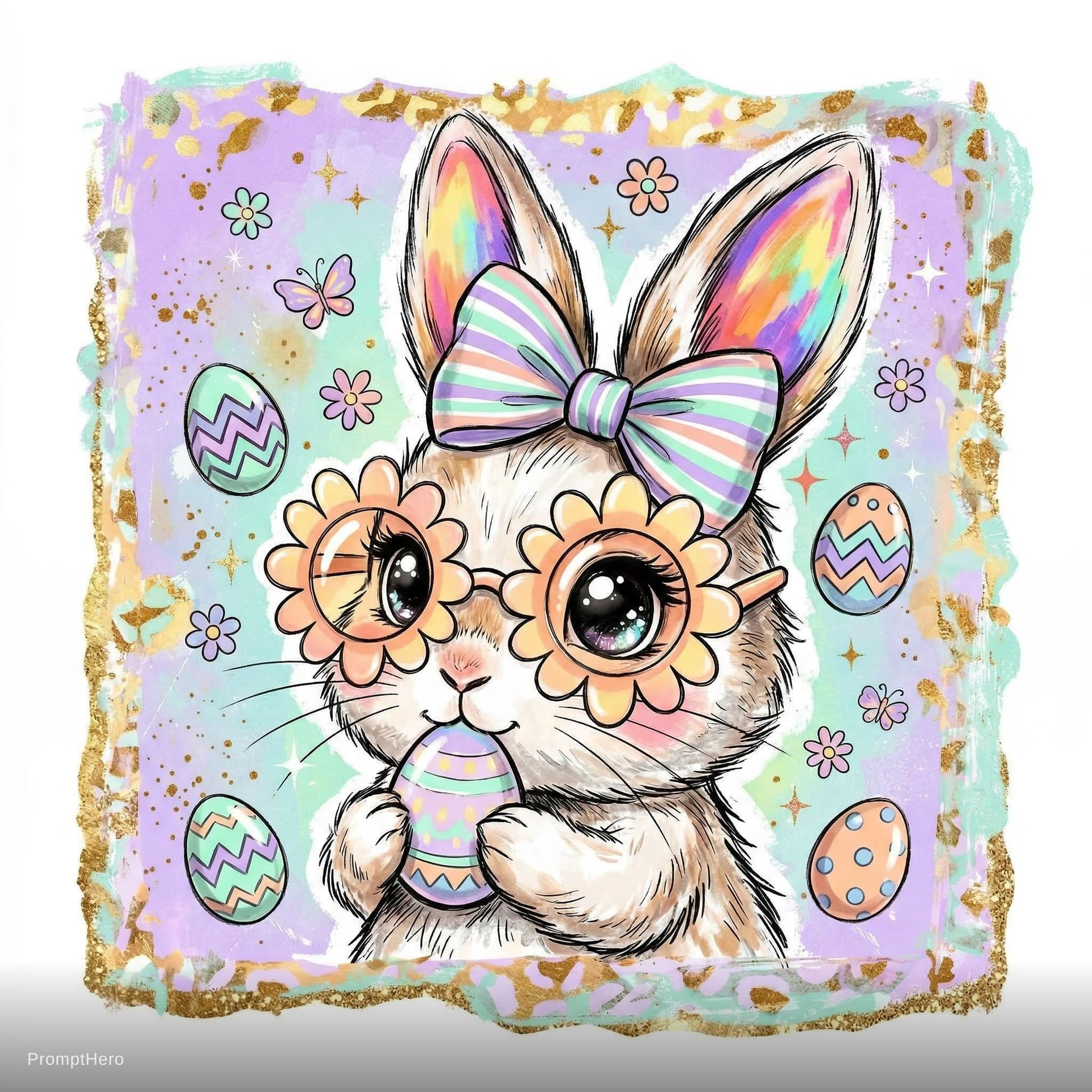 AI generated: cute kawaii bunny character centered, slightly angled (3/4 view), big glossy sparkling eyes with str...