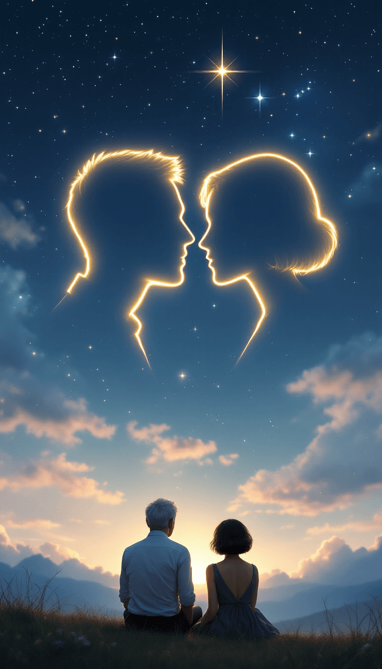 AI generated: A serene, dreamy night sky with glowing form of a couple in love, their heads gently touching ethere...