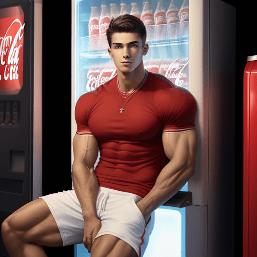 AI generated: A muscular and athletic young man sitting casually next to a red Coca-Cola vending machine in an urb...