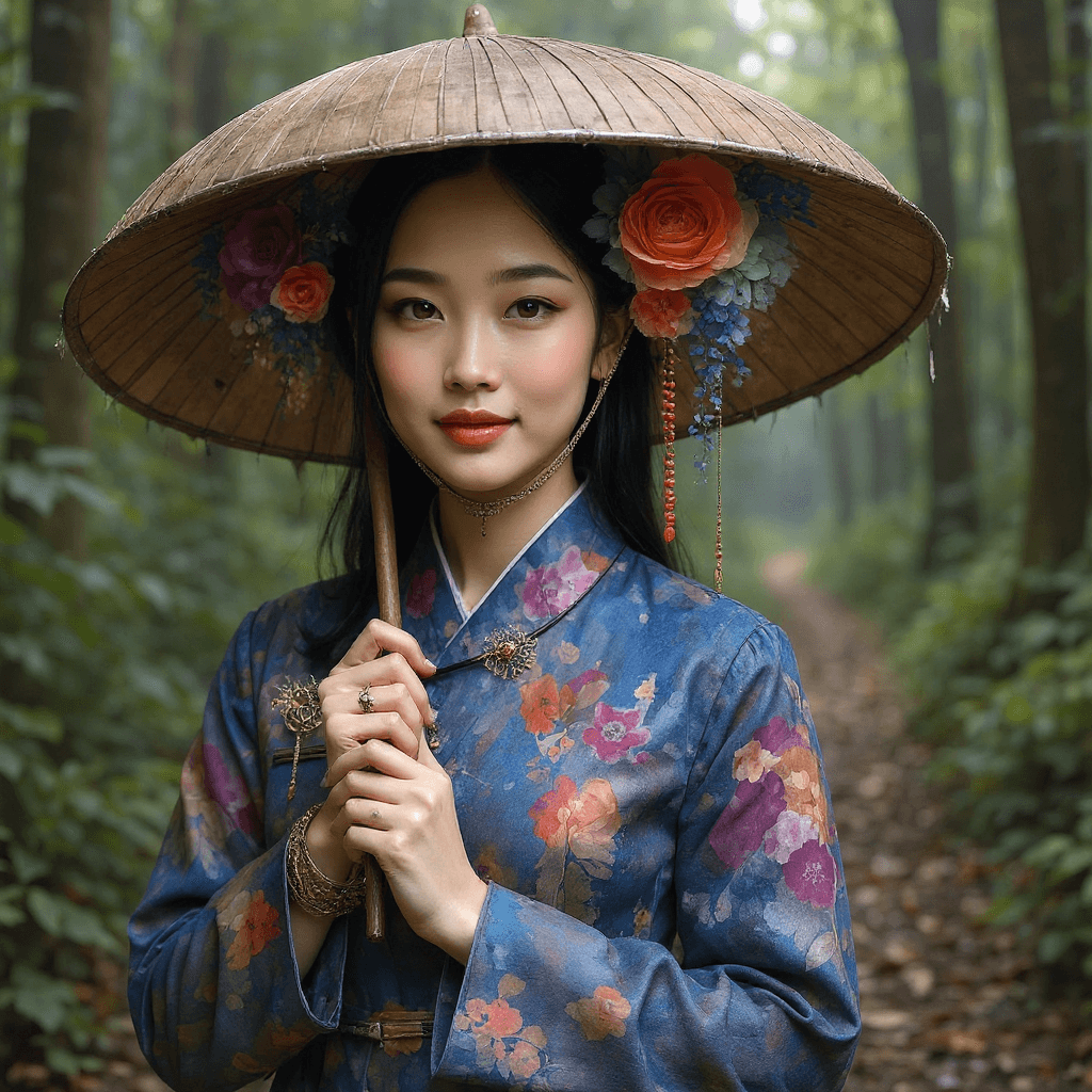 AI generated: belle femme asiatique, photo réaliste 4K. forest floor