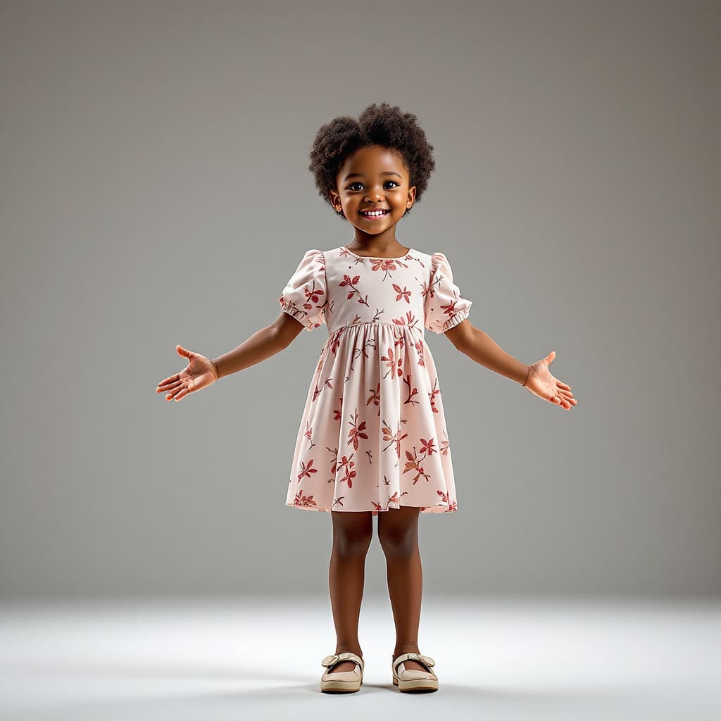 AI generated: A realistic 4D full-length photograph of an 5 year old kindergarten American Black girl, brown skin,...