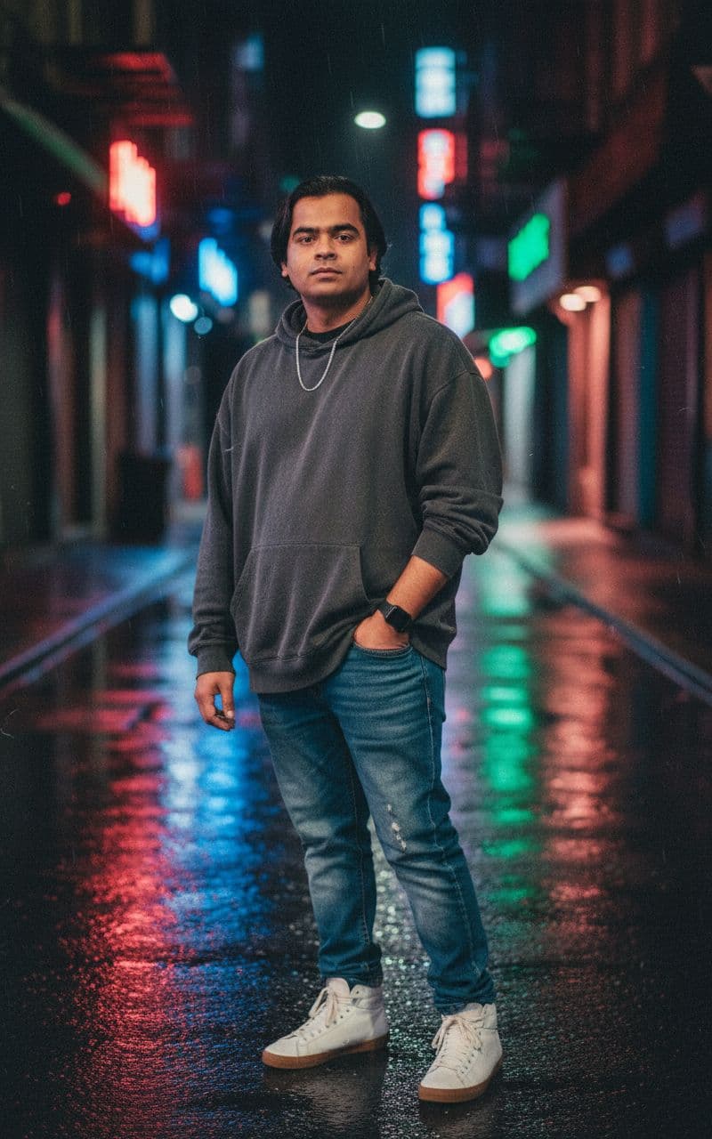 AI generated: Subject: A late-20s man. Clothing: Oversized charcoal grey cotton hoodie, slightly distressed indigo...