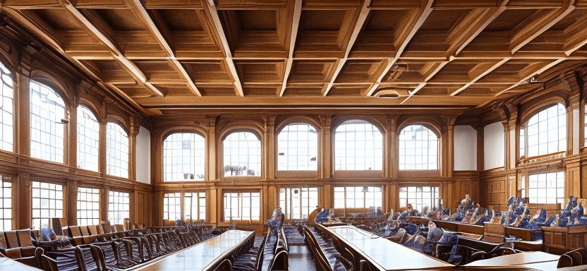AI generated: High resolution photography interior design, official court room, wooden floor, small windows openin...