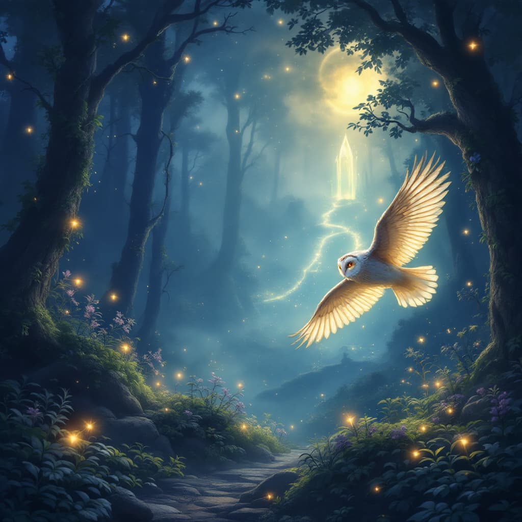 AI generated: a mystical and magical forest scene at night. The forest is bathed in soft moonlight, with glowing p...