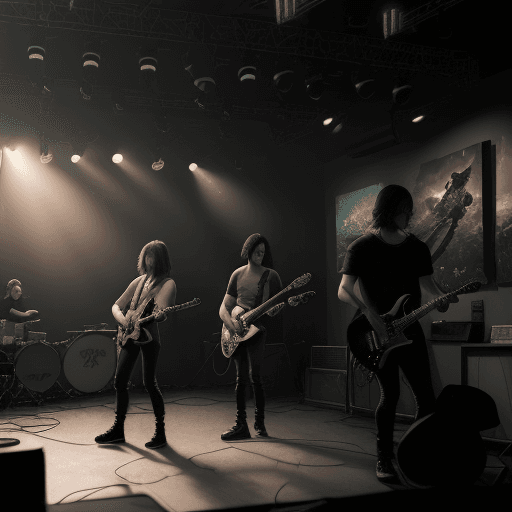 AI generated: Photo of a ultra realistic rock band, playing in a small club, dramatic light, pale sunrise, cinemat...